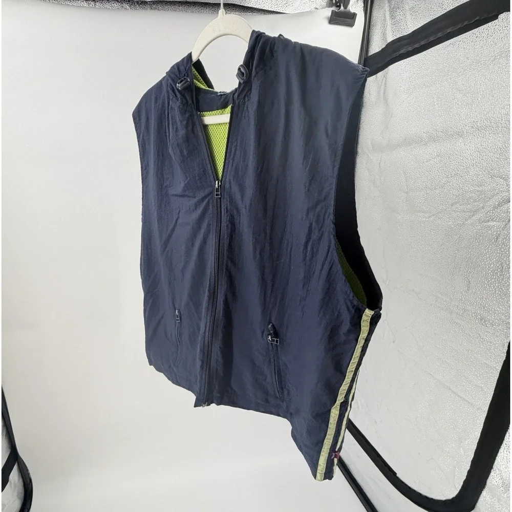 Vintage Navy Lime Green Sleeveless Hooded Zip Windbreaker Vest XL Mesh lining‎